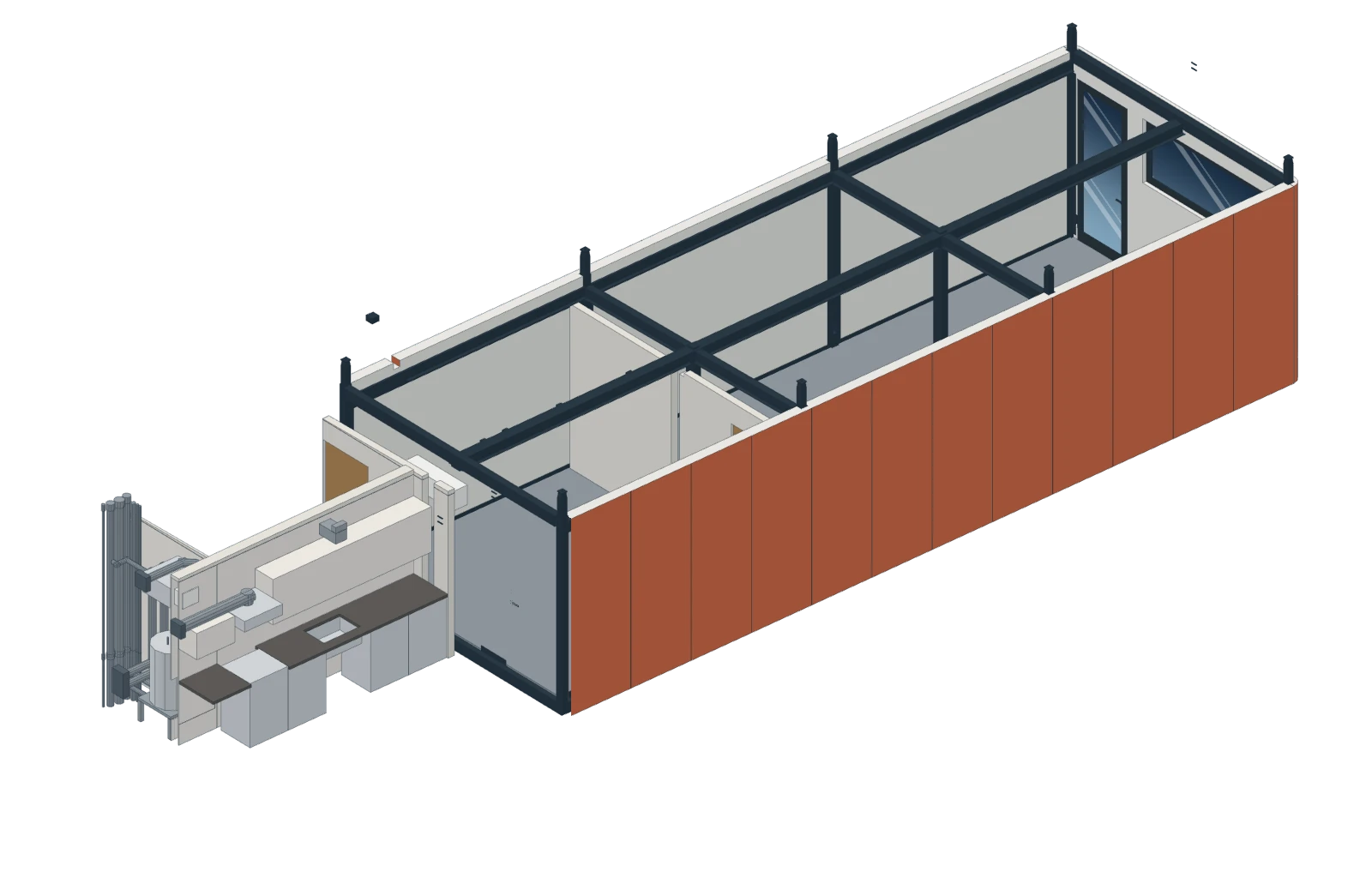 The kitchen and bath module sliding into the shell in the factory - step 1