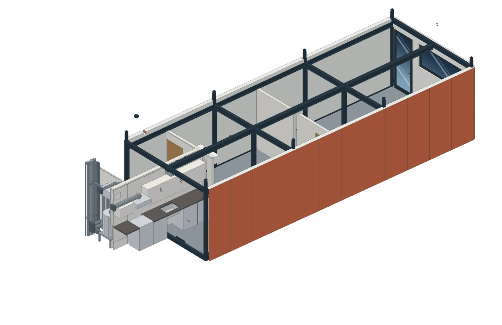 The kitchen and bath module sliding into the shell in the factory - step 2