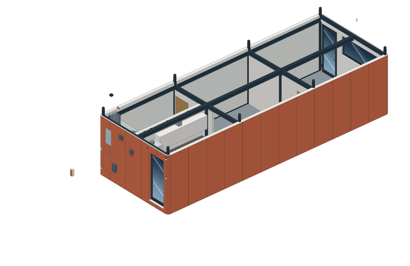The kitchen and bath module sliding into the shell in the factory - step 3