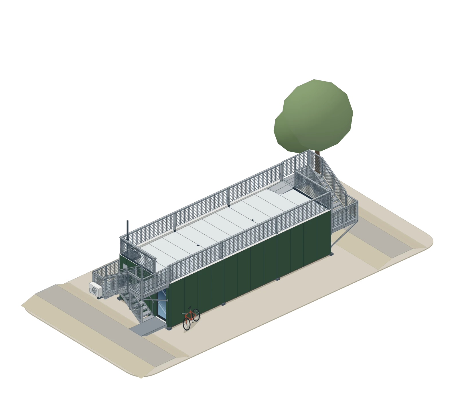 HAB1: one factory-built home on its own piers, with a stair at each end and the roof deck on top