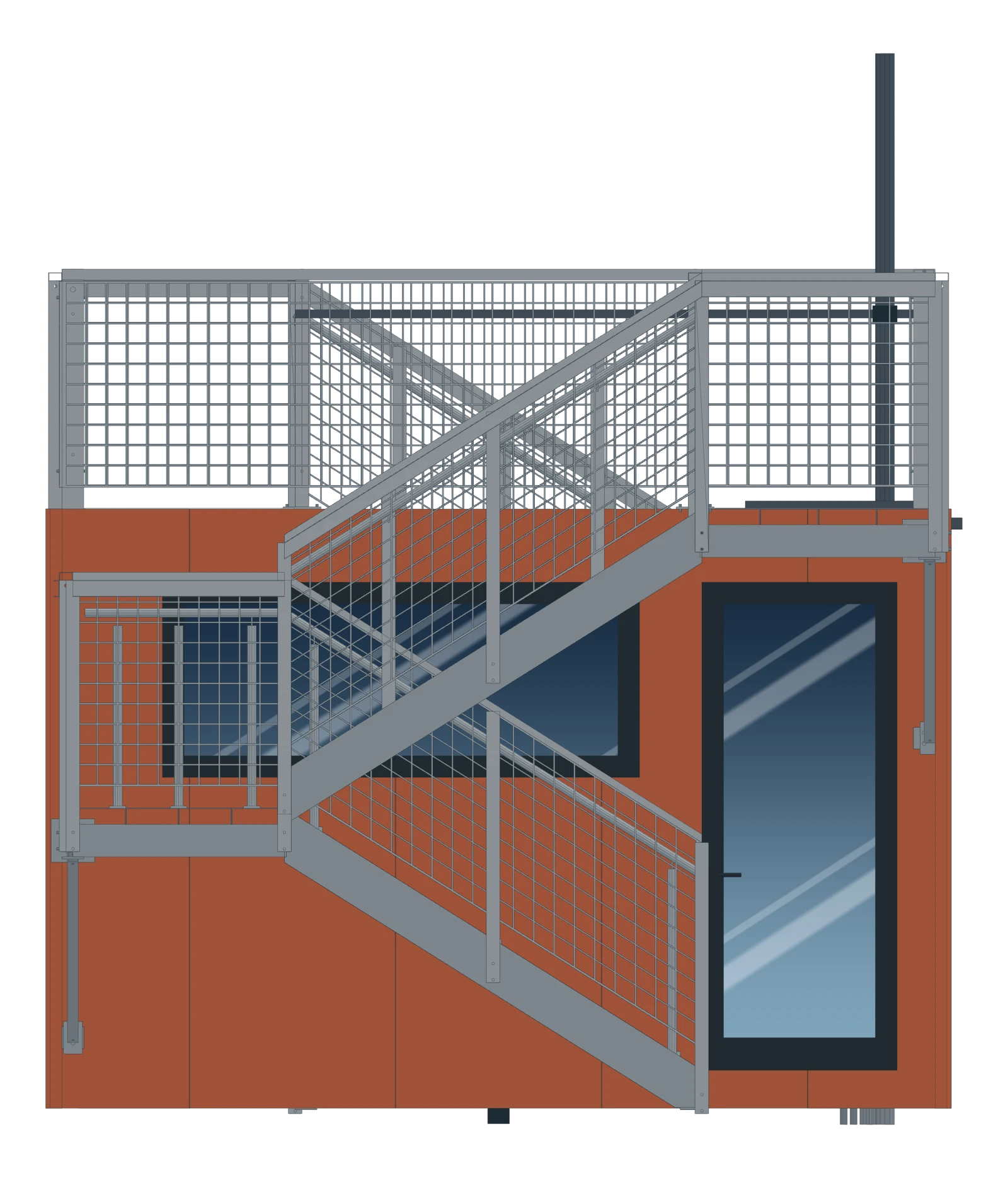 End of the home, with the entry door, window and stair