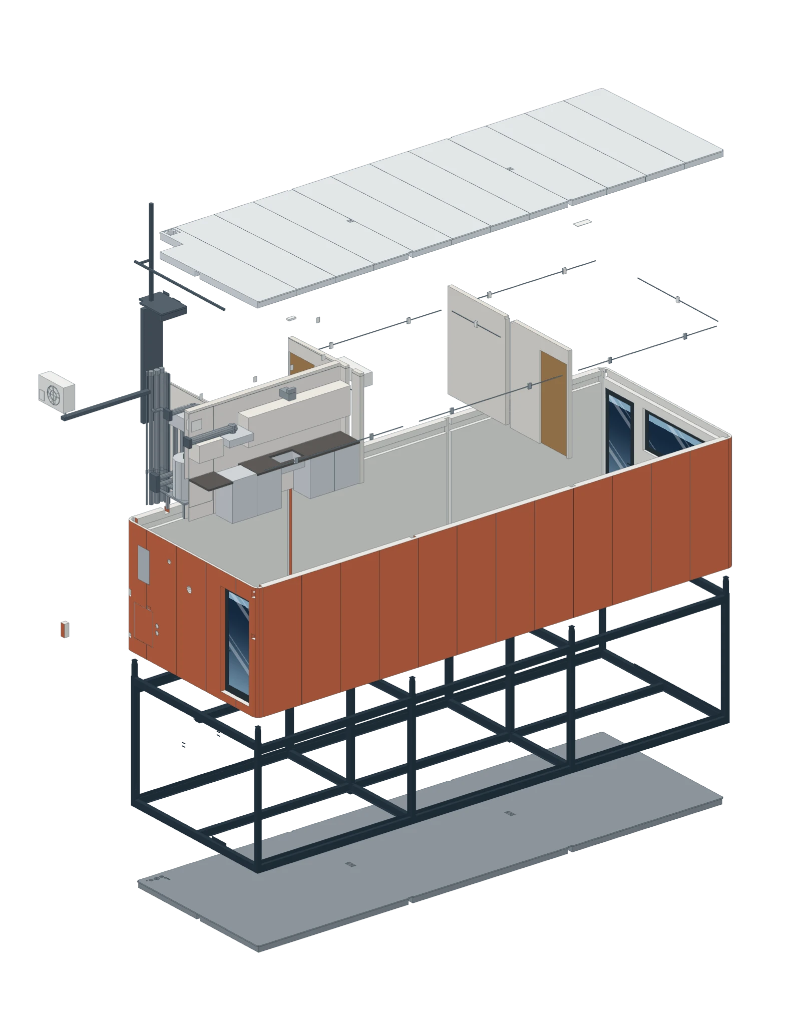The home exploded into floor, frame, wall panels, kitchen and bath module, services and roof