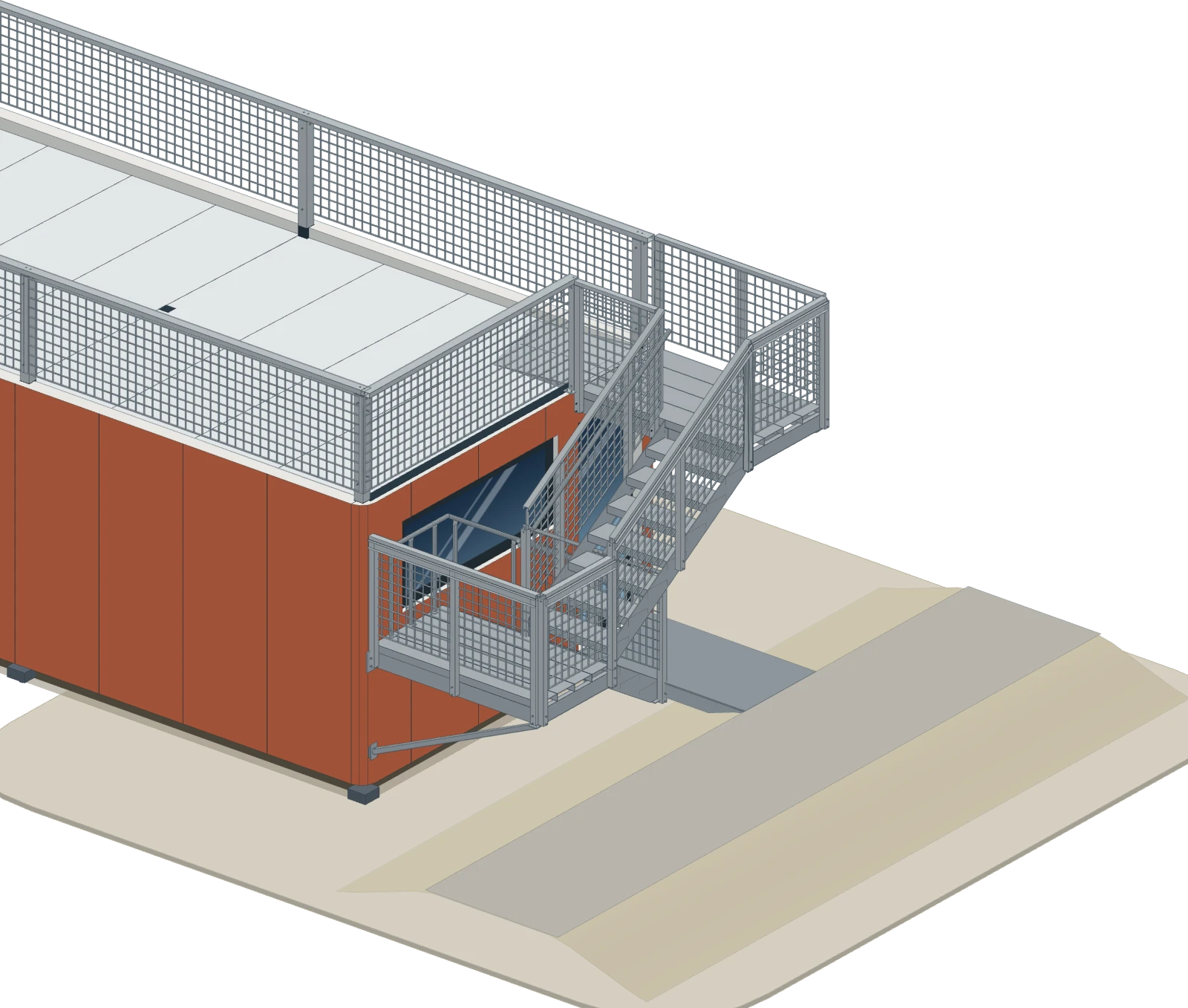 The ground-floor entry: a raised sidewalk across the end of the stack, flush with the landing at the door