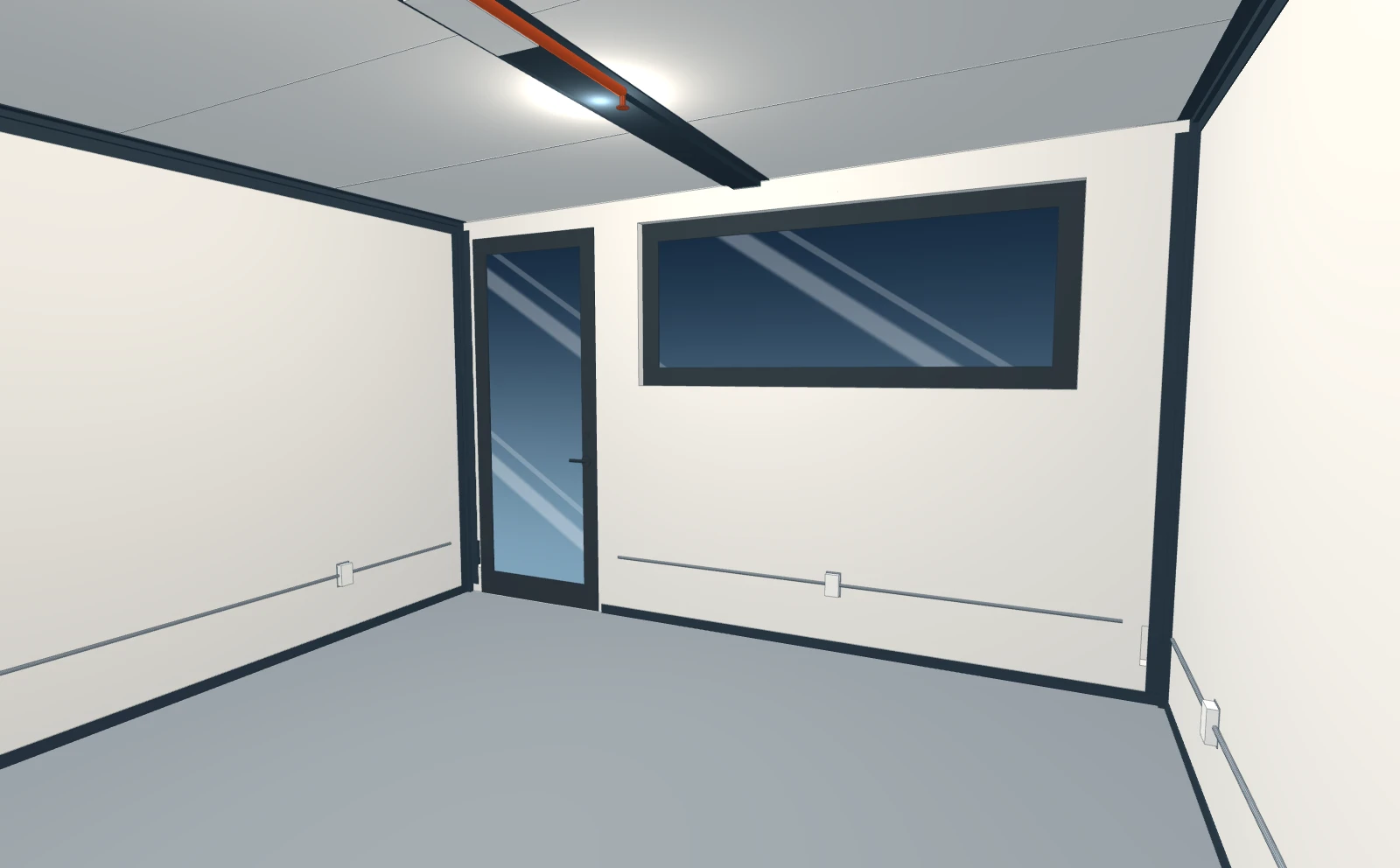 The bedroom: the glass door and the big window at its end
