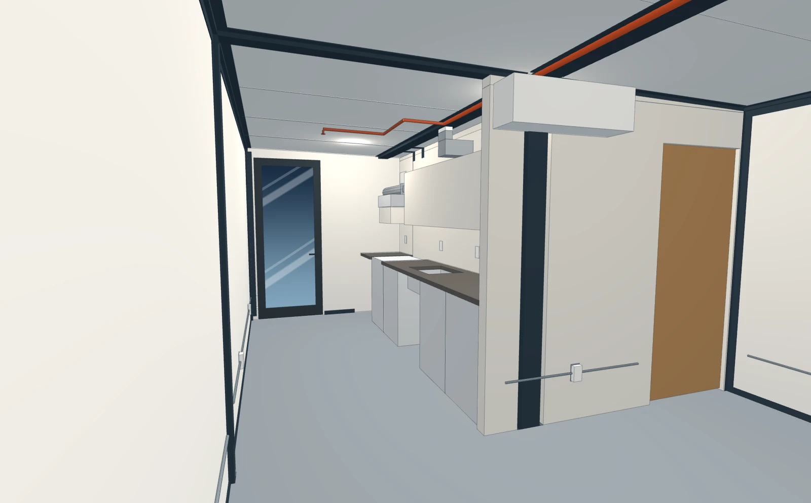 Inside, from the living room: the kitchen run along the wet wall, the bath door, and the glass entry door at the far end