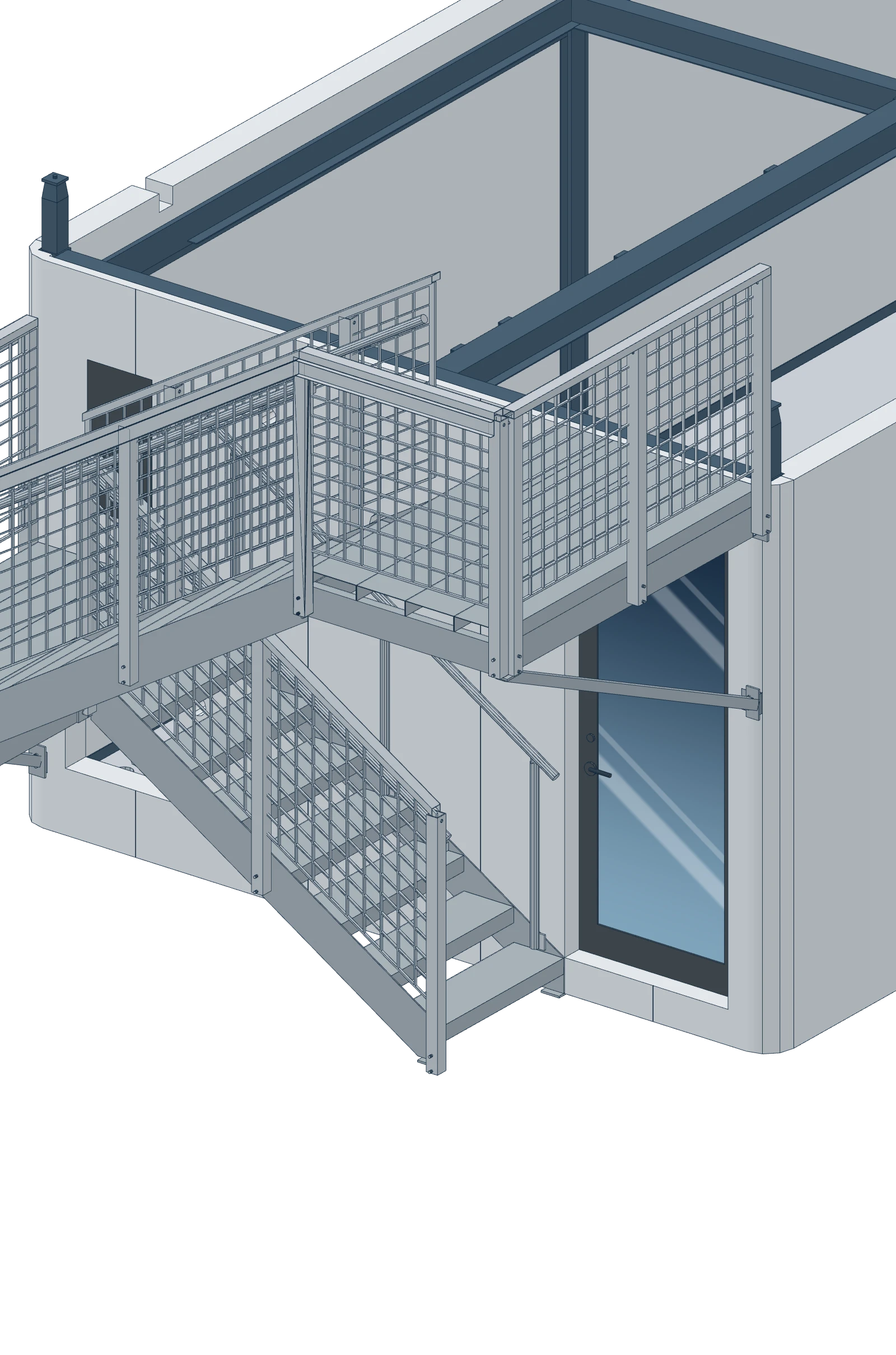 An entry stair with its guards, landing and door